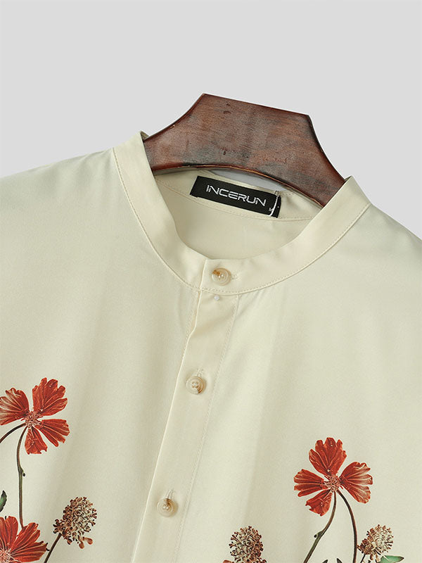 Mens Floral Print Stand Collar Short Sleeve Shirt SKUL07807