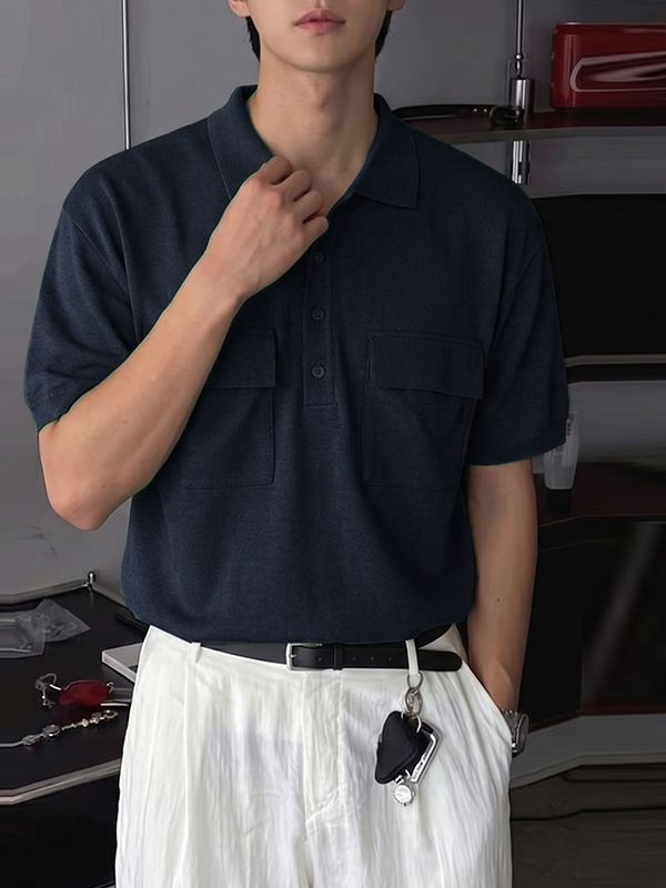 Men's Japanese Cityboy Aesthetic Dual Utility Chest Pocket Knit Polo Shirt SKUL72596
