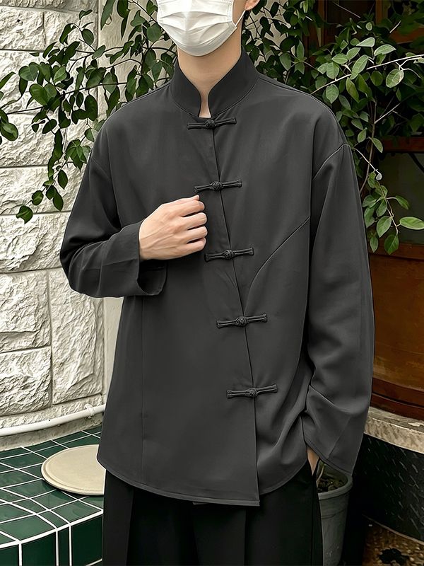 Men's Retro Urban Casual Chinese Frog Button Asymmetrical Curved Long Sleeve Shirt SKUL78347