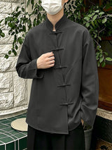 Men's Retro Urban Casual Chinese Frog Button Asymmetrical Curved Long Sleeve Shirt SKUL78347