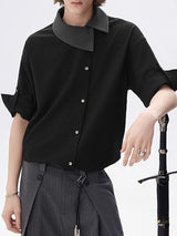 Men's Avant-Garde Asymmetrical Contrast Collar Diagonal Placket Roll-Up Sleeve Shirt SKUL76404