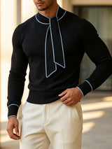 Men's Early Autumn Retro Contrast Trim Ribbon Neck Long Sleeve High Neck Pullover SKUL81061