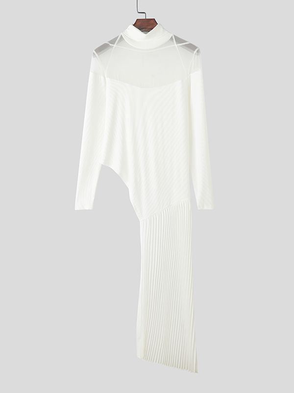 Men's Sheer Mesh Patchwork Knitted High Neck Long Sleeve T-shirt SKUL43804