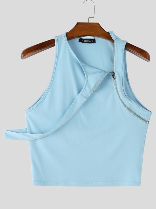 Men's Avant-Garde Asymmetrical Zipper Strappy Cold-Shoulder Cropped Tank SKUL58709
