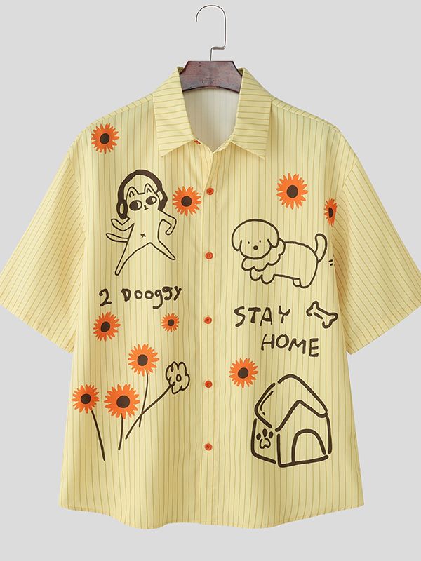 Men's Fun Print Striped Short Sleeve Shirt SKUL35365