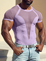 Mens Mesh Patchwork Sheer Short-Sleeve T-Shirt SKUK85351