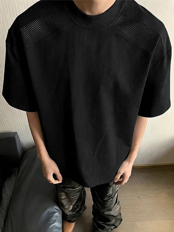 Men's Techwear Shoulder Mesh Panel Mock Neck Short Sleeve T-Shirt SKUL68988