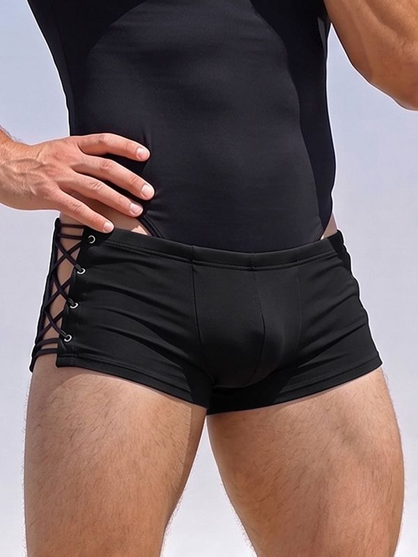 Men's Sexy Avant-Garde Beach Pool Side Lace-Up Cutout Low-Rise Swim Trunk SKUL83080