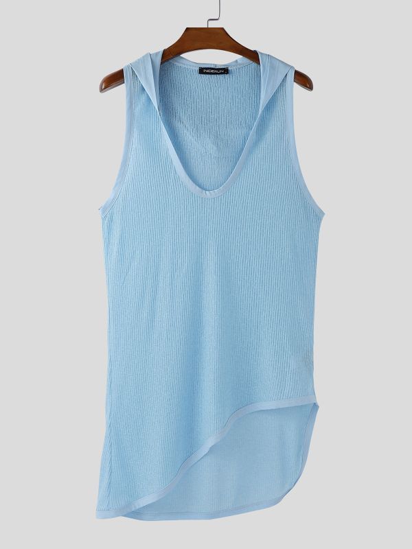 Men's Solid Color Textured Long Irregular Hem Hooded Tank SKUL54058