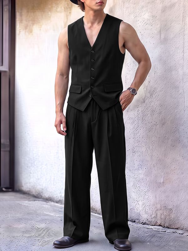 Men's Yuppie Gentleman Tailored V-Neck Two Pieces Outfit SKUL79526