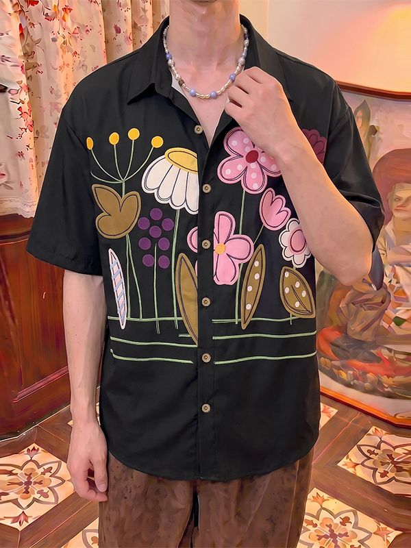 Men's Y2K Dopamine Floral Print Short Sleeve Shirt SKUL77999