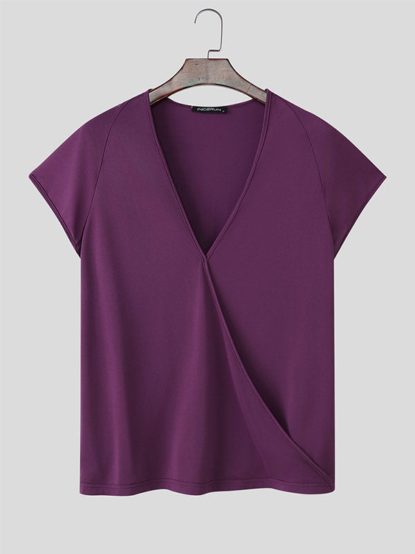 Mens Solid Color Deep V-Neck Short Sleeve T-Shirt SKUL10890