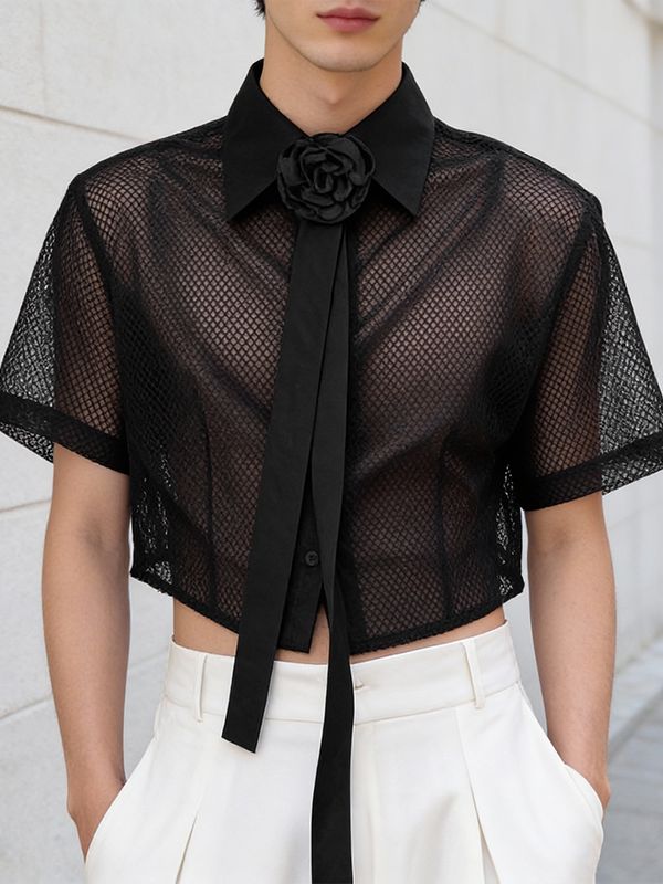 Men's Avant-Garde Cropped Sheer Mesh Short Sleeve Shirt SKUL56244