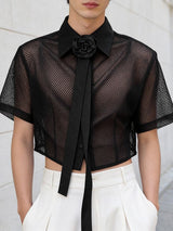 Men's Avant-Garde Cropped Sheer Mesh Short Sleeve Shirt SKUL56244