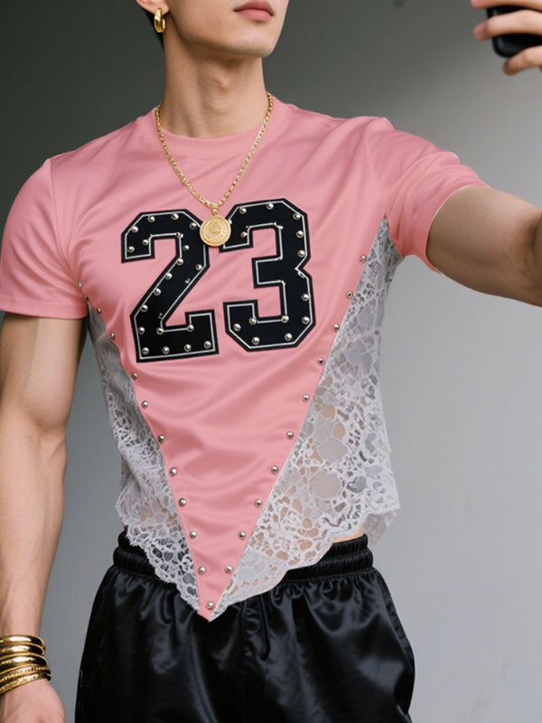 Men's Number Print Lace Sheer Patchwork Short Sleeve T-Shirt SKUL22234