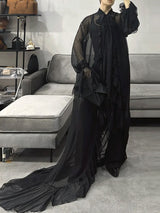 Men's Ruffled Patchwork Sheer Mesh Long Sleeve Shirt SKUL27365