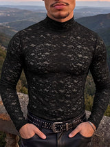 Men's Sexy Clubwear Sheer Floral Lace Muscle Form-Fitting Long Sleeve Mock Neck T-shirt SKUL83129