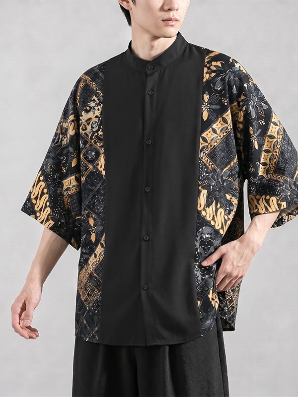 Men's Modern Neo-Chinese Batik Graphic Print Contrast Panel Drop Shoulder Short Sleeve Shirt SKUL73744