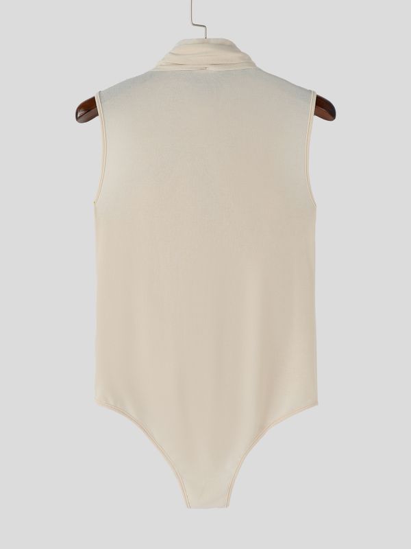 Men's Avant-Garde Cross Neck Crinkled Ruched Sheer Mesh Patchwork Tight Bodysuit SKUL61880