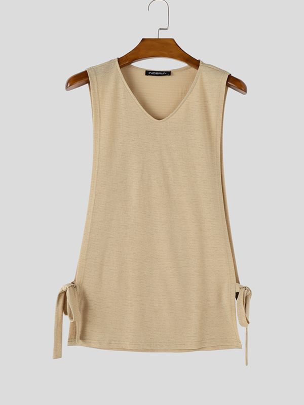 Men's Casual Streetwear Textured Open Side Split Tie Up Sleeveless Tank SKUL63644