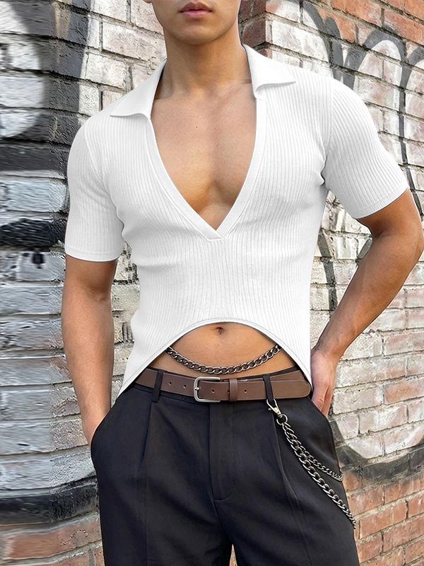 Men's Solid Color Textured Lapel Short Sleeve Shirt SKUL57814