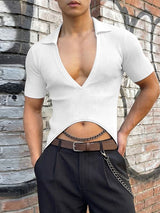 Men's Solid Color Textured Lapel Short Sleeve Shirt SKUL57814