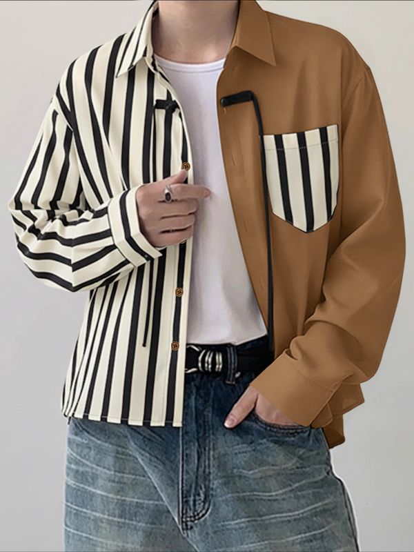 Men's Stripe Contrast Color Frog Button Long Sleeve Shirt SKUL41046