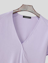 Mens Solid Color Textured Deep V-Neck Short Sleeve T-Shirt SKUL16866