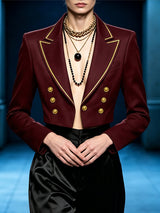 Men's Retro Party Gold Piping Double-Breasted Button Cropped Long Sleeve Blazer SKUL81157