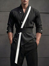 Men's Avant-Garde Asian Fusion Cross Collar Contrast Trim Belted Wrap Shirt SKUL76544