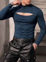 Men's Avant-Garde Darkwear Nightclub Party Chest Cut-Out Contrast Trim Mock Neck T-shirt SKUL86042