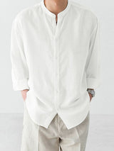 Men's Clean Casual Resort Mandarin Collar Long Sleeve Shirt SKUL79525