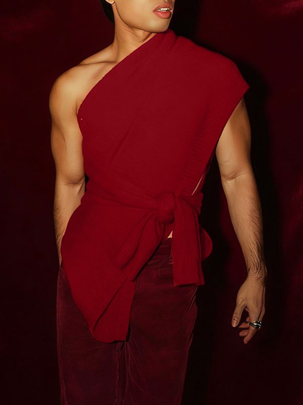 Men's Avant-Garde Asymmetrical One-Shoulder Side Tie-Knot Ribbed Texture Tank SKUL60919