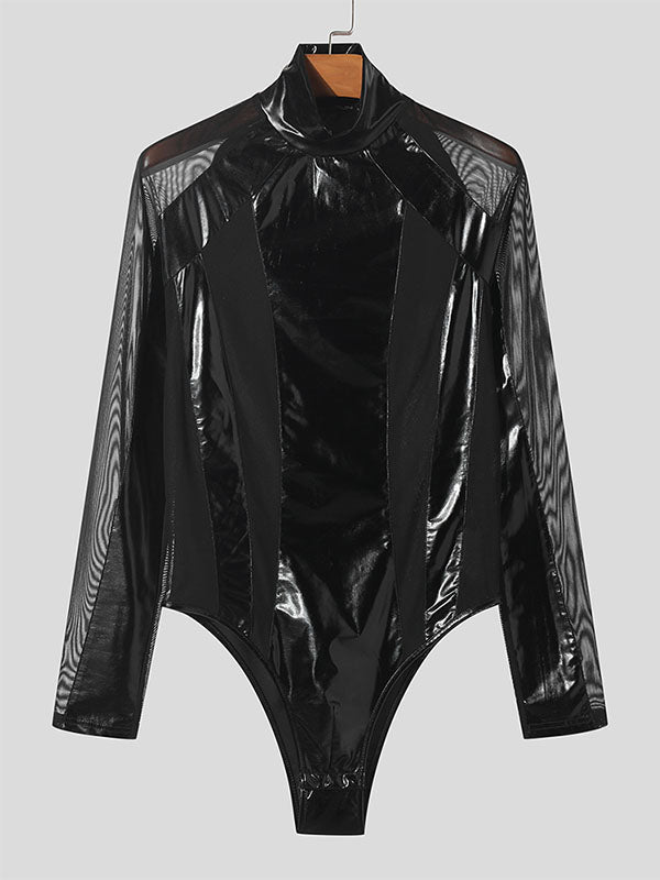 Mens Faux Leather Mesh Patchwork Bodysuit SKUK40075