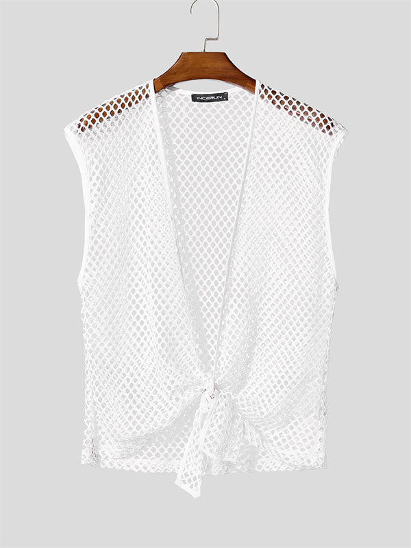 Mens Sheer Mesh Hollow Sleeveless Cardigan SKUL13735
