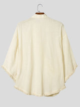 Men's Modern Chinese Zen Aesthetic Asymmetric Slant Button Raw Hem Short Sleeve Shirt SKUL71271
