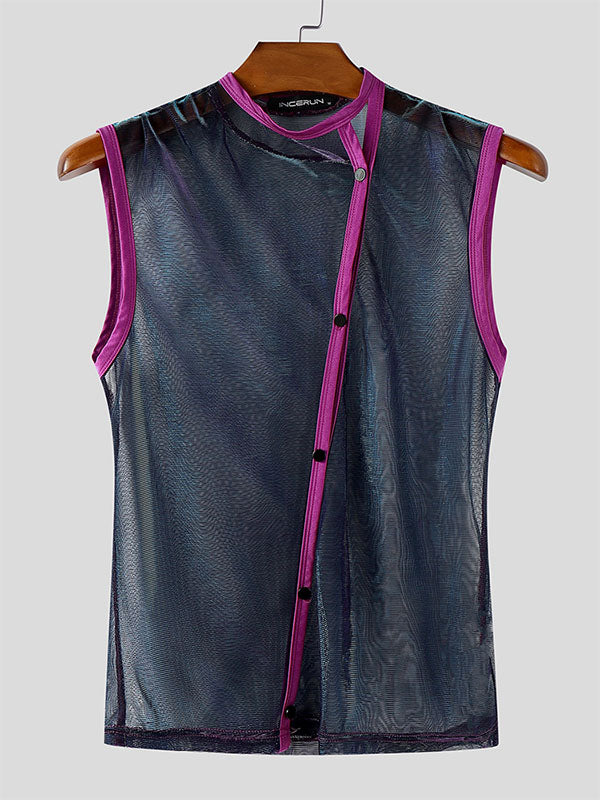 Mens Solid Color Glitter Sheer Mesh Tank SKUL05496