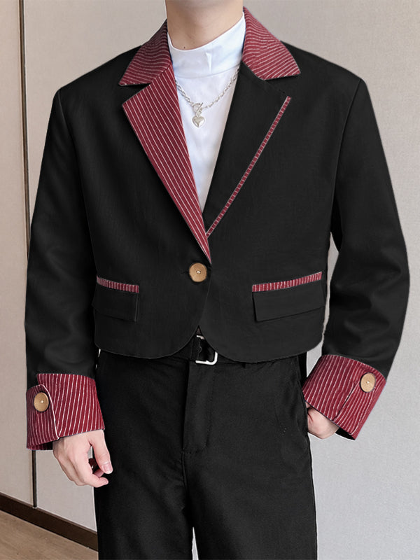 [Pre-order] Men's Retro Preppy Art Exhibition Contrast Striped Lapel Foldover Cuff Cropped Blazer SKUL89034