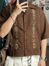 Men's Vintage Guayabera Cuban Collar Geometric Print Boxy Cropped Short Sleeve Shirt SKUL60213