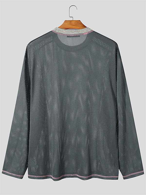 Men's Mesh Hollow Out Color Block Long Sleeve T-Shirt SKUL33866