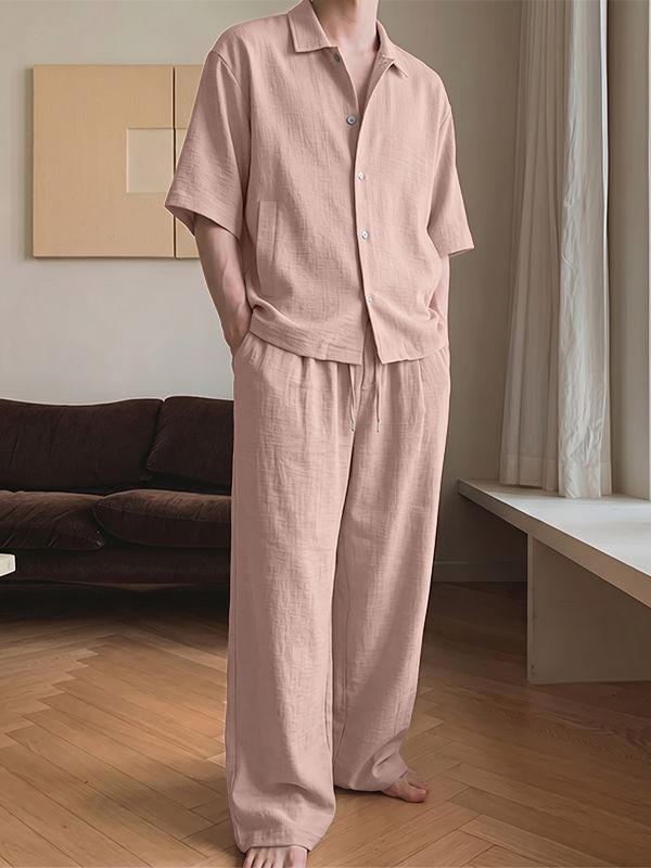 Men's Casual Homewear Linen Texture Breathable Two Pieces Outfit SKUL71406