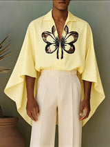 Men's Avant-Garde Butterfly Sequin Print Cape-Sleeve Flowing Shirt SKUL66950