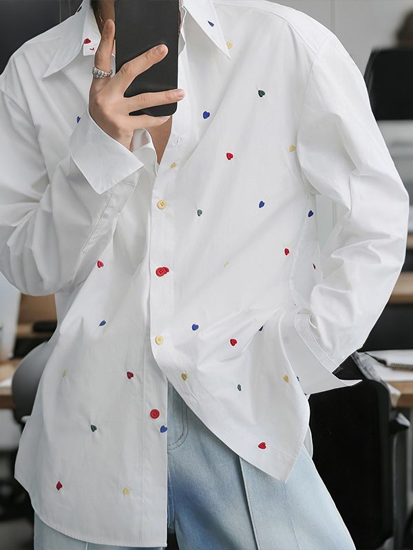 Men's Heart Embroidered Long Sleeve Shirt SKUL29650