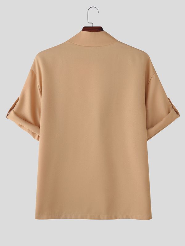 Men's Avant-Garde Neo-Chinese Asymmetric Drape-Collar Drop-Shoulder Roll-Up Sleeve Shirt SKUL75818