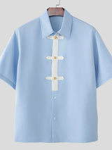 Men's Contrast Color Patchwork Gold Frog Button Lapel Short Sleeve Shirt SKUL61865