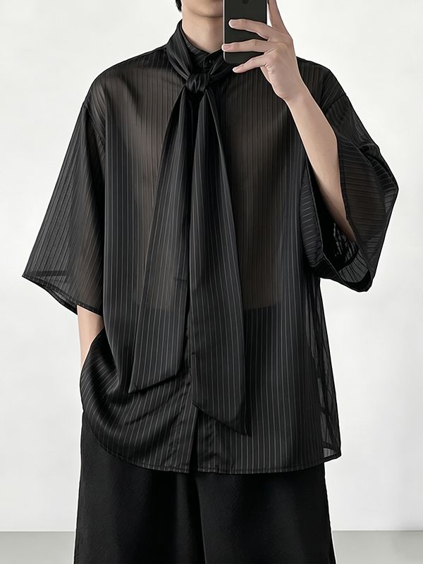Men's Avant-Garde Sheer Pinstripe Pussy-Bow Neck Ties Oversized Short Sleeve Shirt SKUL66224
