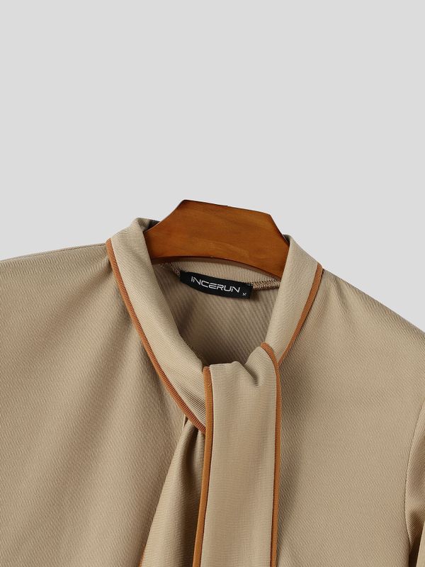 Men's Early Autumn Retro Contrast Trim Ribbon Neck Long Sleeve High Neck Pullover SKUL81061