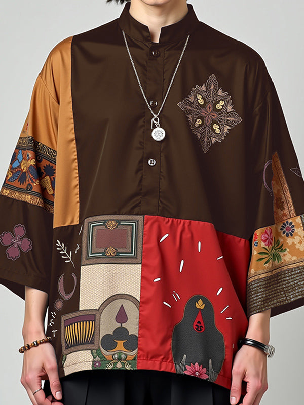 Mens Ethnic Print Color Block Long Sleeve Shirt SKUL02374