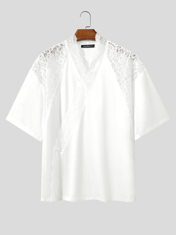 Men's Lace Sheer Shoulder Detail Cross-Collar Wrap Cardigan SKUL61195