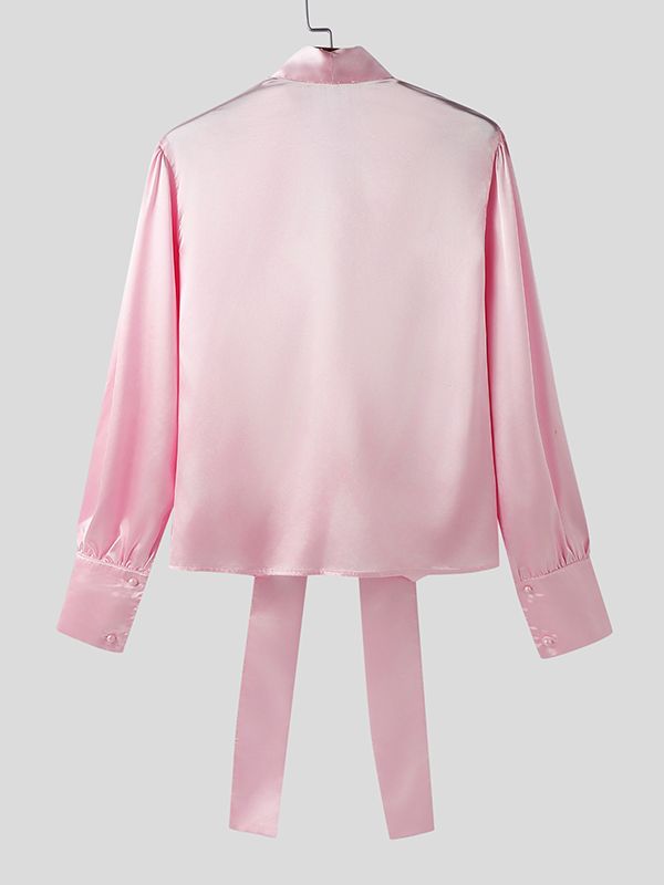 Men's Ribbon Tie Design Draped Neck Long Sleeve Shirt SKUL47590